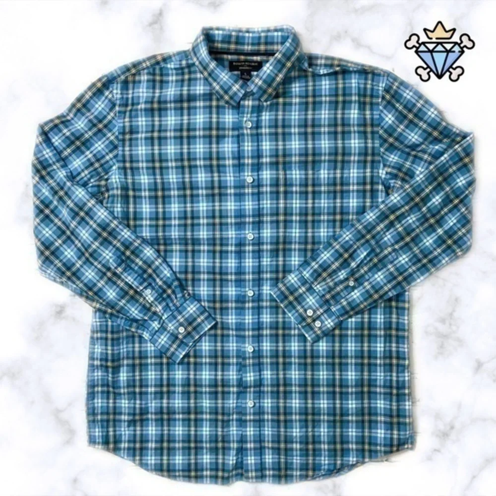 BANANA REPUBLIC MENS BLUE/YELLOW PLAID BUTTON DOWN SHIRT STANDARD FIT SIZE LARGE